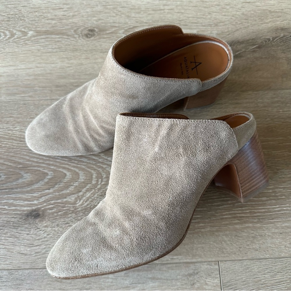 Aquatalia Suede Leather Heels Mules Shoes Gray